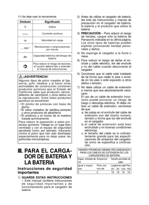 Page 34- 34 -  
11) No deje caer la herramienta.
Símbolo Significado
V
Voltios
Corriente continua
n0Velocidad sin carga
… min-1Revoluciones o reciprocaciones  por minuto
AhCapacidad eléctrica del bloque de  batería
Para reducir el riesgo de lesiones, el usuario deberá leer y entender  el manual de instrucciones.
 ¡ADVERTENCIA!
Algunos  tipos  de  polvo  creados  al  lijar, 
s e r r a r,  p u l i r,  t a l a d r a r  y  a l  h a c e r  o t r a s 
actividades  de  construcción  contienen 
productos  químicos  que...