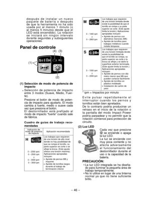 Page 46- 46 - 
después de instalar un nuevo 
paquete de batería o después 
de que la herramienta no ha sido 
usada por al menos 1 minuto (o 
al menos 5 minutos desde que el 
LED está encendido). La rotación 
se iniciará sin ningún intervalo 
durante segundas y subsiguientes 
operaciones.
Panel de controle
(1)
(2)
(4) (3)
(1) Selección de modo de potencia de 
impacto
 Selección de potencia de impacto 
entre 3 modos (Suave, Medio, Fuer-
te).
Presione el botón de modo de poten-
cia de impacto para ajustarlo. El...