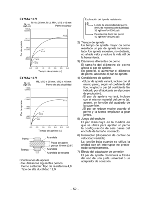Page 52- 52 - 
EY75A2 18 V
M10 x 35 mm. M12, M14, M16 x 45 mm Perno estándar

¢£

¢£

¢£

¢£

      .
. .
.
N s m  
(kg f-cm)
Par de apriete
Tiempo de apriete (s.)
EY75A2 18 V
M8, M10 x 35 mm. M12 x 45 mm
Perno de alta ductilidad

¢£

¢£

¢£

¢£

      .
.
.
N s m  
(kg f-cm)
Par de apriete
Tiempo de apriete (s.)
Perno
Tuerca Arandela
Placa de acero
grosor 10...