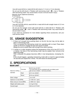 Page 14- 1 - 
Use with wood drill bit or metal drill bit with shank of 1.5 mm to 13 mm\
 diameter.
Do not use the drill chuck in “Rotation with hammering mode” ( 
 ). Use in "Rotation 
with hammering mode" may cause break of chuck or bit and result in injur\
y.
Hammer chuck (Optional accessory)
•EY9HX
 01E
Use with concrete drill bit, wood drill bit or metal drill bit with straight shank of 2.5 mm 
to 13 mm diameter.
Do  not  use  the  hammer  chuck  with  wood  drill  bit  or  metal  drill...