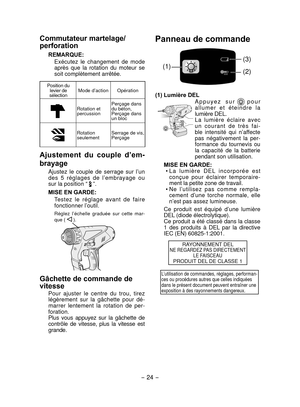 Page 24- 24 - 
Commutateur martelage/
perforation
REMARQUE:Exécutez  le  changement  de  mode 
après  que  la  rotation  du  moteur  se 
soit complètement arrêtée.
Position du levier de 
sélection Mode d’action Opération
Rotation et 
percussion Perçage dans 
du béton,
Perçage dans 
un bloc
Rotation 
seulement
Serrage de vis,
Perçage
Ajustement  du  couple  d’em
-
brayage
Ajustez  le  couple  de  serrage  sur  l’un 
des  5  réglages  de  l’embrayage  ou 
sur la position “ 
 ”.
MISE EN GARDE: Testez  le  réglage...