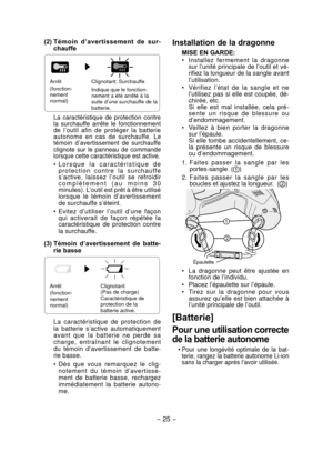 Page 25- 25 -  
(2) Témoin  d’avertissement  de  sur -
chauffe
Arrêt
(fonction-
nement 
normal) Clignotant: Surchauffe
Indique que le fonction
-
nement a été arrêté à la 
suite d’une surchauffe de la 
batterie.
La  caractéristique  de  protection  contre 
la  surchauffe  arrête  le  fonctionnement 
de  l’outil  afin  de  protéger  la  batterie 
autonome  en  cas  de  surchauffe.  Le 
témoin  d’avertissement  de  surchauffe 
clignote  sur  le  panneau  de  commande 
lorsque cette caractéristique est active.
•  L...