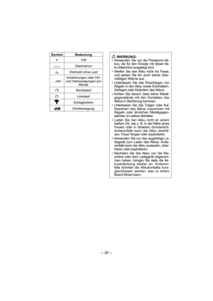 Page 20- 20 -  
Symbol Bedeutung
V Volt
Gleichstrom
n
0Drehzahl ohne Last
… min
-1Umdrehungen oder Hin- 
und Herbewegungen pro 
Minute
Rechtslauf
Linkslauf
Schlagbohren
Drehbewegung
 
WARNUNG:
• Verwenden Sie nur die Panasonic-Ak-
kus, die für den Einsatz mit dieser Ak-
ku-Maschine ausgelegt sind.
• Werfen Sie den Akku nicht ins Feuer, 
und setzen Sie ihn auch keiner über-
mäßigen Wärme aus.
• Unterlassen Sie das Einschlagen von 
Nägeln in den Akku sowie Erschüttern, 
Zerlegen oder Abändern des Akkus.
• Achten...