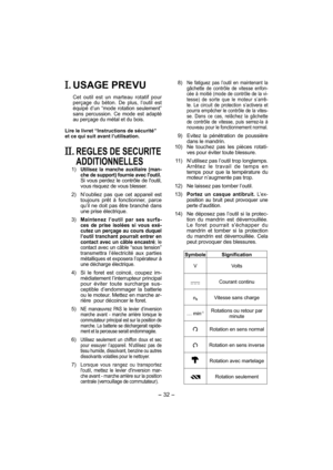 Page 32- 32 - 
. USAGE PREVU
Cet outil est un marteau rotatif pour 
perçage du béton. De plus, l’outil est 
équipé d’un
 “mode rotation seulement” 
sans percussion. Ce mode est adapté 
au perçage du métal et du bois.
Lire le livret “Instructions de sécurité” 
et ce qui suit avant l’utilisation.
. REGLES DE SECURITE 
ADDITIONNELLES
 1)  Utilisez la manche auxiliaire (man-
che de support) fournie avec loutil.
    Si vous perdez le contrôle de loutil, 
vous risquez de vous blesser.
  2)   N’oubliez pas que cet...