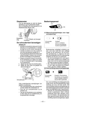 Page 61- 61 -  
Dieptemeter
Los de steungreep en stel de diepte-
aanslag in op de gewenste lengte.
Zet na afstelling de steungreep en de 
diepteaanslag stevig vast.
Diepteaan-
slagDiepte van boorgat
De schouderriem bevestigen
OPGELET:
• Bevestig de schouderriem stevig aan de hoofd-
behuizing van het gereedschap en controleer 
de lengte van de riem voordat u deze gebruikt.
• Controleer de toestand van de riem en gebruik de 
riem niet als deze gescheurd, gerafeld enz. is.
  Als het gereedschap gebruikt wordt...