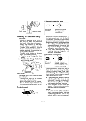 Page 8- 8 - 
Depth gauge
Depth of drilling
Installing the Shoulder Strap
CAUTION:
•  Install the shoulder strap firmly to 
the main unit of the tool and check 
the length of the strap before use.
•  Check the condition of the strap 
and do not use if it is cut or torn etc.
  There is a risk of injury or damage 
if used while improperly installed.
•  Please wear the shoulder strap se-
curely on the shoulder.
  There is a risk of injury or damage 
if it is accidentally dropped.
  1.  Pass the strap through the...