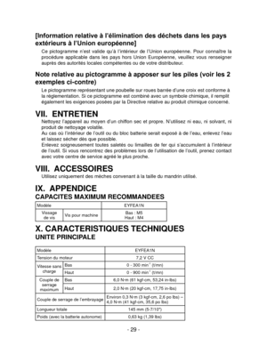 Page 29- 29 -
[Information relative à l’élimination des déchets dans les pays 
extérieurs à l’Union européenne]
 Ce  pictogramme  n’est  valide  qu’à  l’intérieur  de  l’Union  européenne.  Pour  connaître  la 
procédure  applicable  dans  les  pays  hors  Union  Européenne,  veuillez  vous  renseigner 
auprès des autorités locales compétentes ou de votre distribute\
ur.
Note relative au pictogramme à apposer sur les piles (voir les 2 
exemples ci-contre)
Le pictogramme représentant une poubelle sur roues...