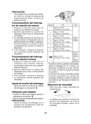 Page 38- 38 -
PRECAUCIÓN:
 
Para  impedir  que  se  produzcan  daños, 
n o   u t i l i c e   l a   u n i d a d   d e   p a l a n c a   d e 
a v a n c e / m a r c h a   a t r á s ;   l a   b r o c a   s e 
detiene del todo.
Funcionamiento del interrup-
tor de rotación de avance
1. E m p u j e   l a   p a l a n c a   p a r a   q u e   s e 
produzca una rotación de avance.
2.  A p r i e t e   l i g e r a m e n t e   e l   g a t i l l o   d e l 
disparador  para  iniciar  la  herramienta 
con lentitud.
3.  La...