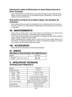 Page 44- 44 -
[Informacion sobre la Eliminación en otros Países fuera de la 
Unión Europea]
Estos símbolos sólo son válidos dentro de la Unión Europea. \
Si desea desechar estos 
objetos, por favor contacte con sus autoridades locales o distribuidor y\
 consulte por el 
método correcto de eliminación.
Nota sobre el símbolo de la bateria (abajo, dos ejemplos de 
símbolos):
Este símbolo puede ser usado en combinación con un símbolo quí\
mico. En este caso, 
el mismo cumple con los requerimientos establecidos por...