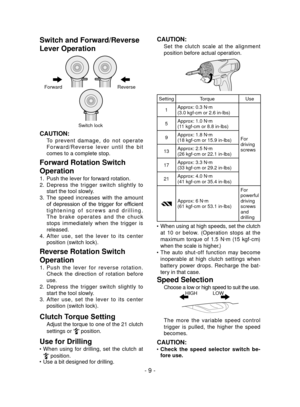 Page 9- 9 -
Switch and Forward/Reverse 
Lever Operation
CAUTION:
 To   preve nt  da ma ge ,  do   no t  op erate 
F o r w a r d / R e v e r s e   l e v e r   u n t i l   t h e   b i t 
comes to a complete stop.
Forward Rotation Switch 
Operation
1. Push the lever for forward rotation.
2.  Depress  the  trigger  switch  slightly  to 
start the tool slowly.
3.  The  speed  increases  with  the  amount 
of  depression  of  the  trigger  for  efficient 
t i g h t e n i n g   o f   s c r e w s   a n d   d r i l l i...