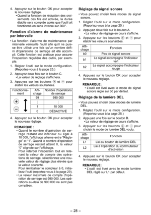 Page 28
- 8 - 

Réglage du signal sonore
• Vous  pouvez  choisir  trois  modes  de  signal sonore.
1.  Réglez  l’outil  sur  le  mode  configuration. 
(Reportez-vous à la page 25.)
.  Appuyez deux fois sur le bouton A.
•  La valeur de réglage en cours s'affiche.
3.  Appuyez  sur  les  boutons 
  et   pour établir les valeurs souhaitées.
Affi-chageFonction
b0Pas de signal sonore
b1Le signal accompagne l'indicateur vert
bLe signal accompagne l'indicateur rouge
4.  Appuyez  sur  le...