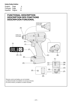 Page 2-  - 
Index/Index/Indice
English: Page  4
Français:  Page
  17
Español:  Página  31
FUNCTIONAL DESCRIPTION
DESCRIPTION DES FONCTIONS
DESCRIPCIÓN FUNCIONAL
Remote control and battery are not included.
La télécommande et la batterie ne sont pas incluses.
El control remoto y la batería no están incluídos.
(G)(H)
(I)
(M)
(N)
(O)
(L)
(P)
(U)
(T)
(Q)(S)
(R)
(B)
EYFLAQ
EYFLA3J
(A)
(C)
(D) (E) (F)
(J)
(K)
EYFLA1A
EYFLAA 