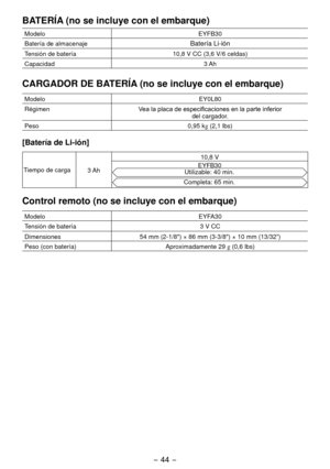 Page 44- 44 - 
BATERÍA (no se incluye con el embarque)
ModeloEYFB30
Batería de almacenaje
Batería Li-ión
Tensión de batería 10,8 V CC (3,6 V/6 celdas)
Capacidad 3 Ah
CARGADOR DE BATERÍA (no se incluye con el embarque)
ModeloEY0L80
Régimen Vea la placa de especificaciones en la parte inferior 
del cargador.
Peso 0,95 kg (
,1 lbs)
[Batería de Li­ión]
Tiempo de carga
3 Ah 10,8 V
EYFB30Utilizable: 40 min.
Completa: 65 min.
Control remoto (no se incluye con el embarque)
Modelo EYFA30
Tensión de batería 3 V CC...