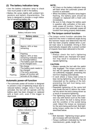 Page 9- 9 -  
(2) The battery indication lamp
• Use  the  battery  indication  lamp  to  check 
how much power is left in the battery.
•
  Battery  life  varies  slightly  with  ambient  tem-
perature  and  battery  characteristics.  The 
lamp  is  designed  to  provide  a  rough  indica-
tion of remaining battery life.
 
Battery indication lamp
Indicator Battery status
Fully charged
Approx. 40% or less 
remaining
Flashing
Flashing 
Approx. 0% or less 
remaining (indicates need 
to recharge battery)
The...