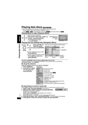 Page 1414RQT8245
Playing data discs [WMA] [MP3] [JPEG] 
≥Select “Play as Data Disc” (➜page 19, Other Menu) in the following cases:
-To play HighMAT discs without using the HighMAT function
-
To  p l a y  [JPEG] or [MP3] on DVD-RAM that contain both [DVD-VR] and another format (e.g. [JPEG])
Playing items in order (Playback Menu)
Playing from the selected item (Navigation Menu)
≥To listen to WMA/MP3 while showing a JPEG image on the screen 
Select a JPEG file first, and then select WMA/MP3. (The opposite order is...