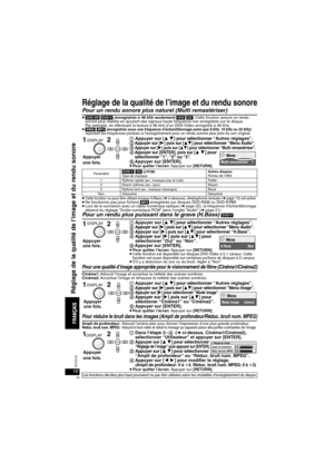 Page 4616RQT8245
Réglage de la qualité de l’image et du rendu sonore
Pour un rendu sonore plus naturel (Multi remastériser)
≥[DVD-VR] [DVD-V] (enregistrés à 48 kHz seulement) [VCD] [CD]: Cette fonction assure un rendu 
sonore plus réaliste en ajoutant des signaux haute fréquence non enregistrés sur le disque. 
Par exemple, en effectuant la lecture à 96 kHz d’un DVD-Vidéo enregistré à 48 kHz.
≥[WMA] [MP3] (enregistrés sous une fréquence d’échantillonnage autre que 8 kHz, 16 kHz ou 32 kHz): reproduit les...