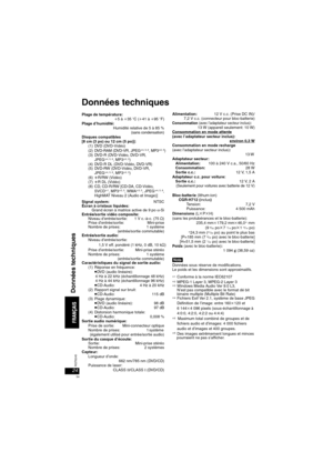 Page 5424RQT8245
Données techniques
Plage de température:i5 à i35 oC (i41 à i95 oF)
Plage d’humidité:
Humidité relative de 5 à 85 %
(
sans condensation)
Disques compatibles 
[8 cm (3 po) ou 12 cm (5 po)]:
(1) DVD (DVD-Vidéo)
(2)
DV D - R A M ( DV D - V R , J P E G§4, 5, 6, MP3§2, 5)(3) DVD-R (DVD-Vidéo, DVD-VR, 
JPEG§4, 5, 6, MP3§2, 5)
(4) DVD-R DL (DVD-Vidéo, DVD-VR)
(5) DVD-RW (DVD-Vidéo, DVD-VR, 
JPEG
§4, 5, 6, MP3§2, 5)
(6)rR/RW (Vidéo)
(7)rR DL (Vidéo)
(8) CD, CD-R/RW [CD-DA, CD-Vidéo, 
SVCD
§1, MP3§2, 5,...