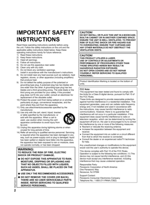 Page 2
RQTC0175
2

IMPORTANT SAFETY 
INSTRUCTIONS
Read these operating instructions carefully before using the unit. Follow the safety instructions on the unit and the 
applicable safety instructions listed below. Keep these 
operating instructions handy for future reference.
1)  Read these instructions.
2)  Keep these instructions.
3)  Heed all warnings.
4)  Follow all instructions.
5)  Do not use this apparatus near water.
6)  Clean only with dry cloth.
7)  Do not block any ventilation openings.
  Install in...