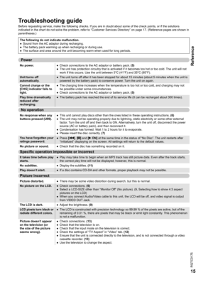 Page 15
RQTC0175
15

Reference
Troubleshooting guide
Before requesting service, make the following checks. If you are in doubt about some of the check points, or if the solutions indicated in the chart do not solve the problem, refer to “Customer Services Directory” on page 17. (Reference pages are shown in parentheses.)
The following do not indicate malfunction.
●  Sound from the AC adaptor during recharging.
●  The battery pack warming up when recharging or during use.
●  The surface and area around the unit...