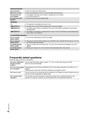 Page 16
RQTC0175
16

Frequently asked questions
Reference pages are shown in parentheses.
Can I play a DVD-Video bought in another country?You can play if the region number includes “1” or “ALL” and the video standard is NTSC.Check the disc jacket. (Cover)
Can I use on an airplane 
or in a hospital? Electromagnetic waves that are emitted from this unit may affect equipment on an airplane or in a hospital.Please obey the rules and/or instructions indicated by the hospital or airline.
Can I use in a car?
You can...