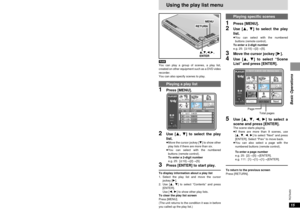 Page 1515
RQT6450
Basic Operations
14
RQT6450
Basic Operations
[RAM]
Use the program list to find programs to play.
1Press [TOP MENU].
Selecting programs to play—
DIRECT NAVIGATOR
DIRECT NAVIGATOR
Date CH
O n Contents12/23(SAT)
12/26(TUE)
1/12(FRI)
1/24(WED)
2/20(TUE)10 1
4 2
2 3
5 4
12 521:02
14:35
20:00
19:30
19:05
SELECT
ENTERRETURN
No
SELECT
NUMBER09
2Use [3, 4] to select the 
program.
The selected program plays in the back-
ground.
≥Move the cursor jockey [4] to show other
programs if there are more than...