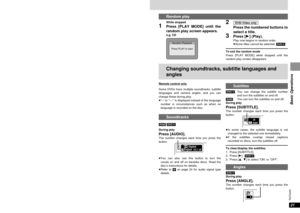 Page 2121
RQT6450
Basic Operations
20
RQT6450
Basic Operations
Random Playback
Press PLAY to start
2
Press the numbered buttons to
select a title.
3Press [1] (Play).Play now begins in random order.
≥Some titles cannot be selected. [DVD-V]
To exit the random mode
Press [PLAY MODE] while stopped until the 
random play screen disappears.DVD-Video only
Changing soundtracks, subtitle languages and 
angles
Remote control only
Some DVDs have multiple soundtracks, subtitle
languages and camera angles, and you can...