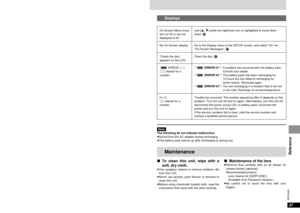 Page 3737
RQT6450
Reference
36
RQT6450
Reference
On-Screen Menu Icons
are cut off or are not
displayed at all.
No On-Screen display.
“Check the disc.”appears on the LCD.
ERROR ∑∑
∑∑stands for a
number.
H ∑∑
∑∑stands for a
number.
Use [3, 4] while the rightmost icon is highlighted to move them
down. G
Go to the Display menu in the SETUP screen, and select “On” for“On-Screen Messages”. K
Clean the disc. 9
“ ERROR 01”:A problem has occurred with the battery pack. 
Consult your dealer.
“ ERROR 02”:The battery pack...