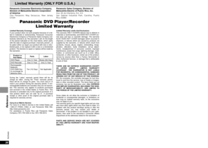 Page 3839
RQT6450
Reference
38
RQT6450
Reference
Limited Warranty (ONLY FOR U.S.A.)Customer Services Directory (ONLY FOR U.S.A.)
For Product Information, Operating Assistance, Literature Request, Dealer
Locations, and all Customer Service inquiries please contact:
1-800-211-PANA (7262), Monday – Friday 9 am – 9 pm; 
Saturday – Sunday 9 am – 7 pm, EST.
Web Site: http://www.panasonic.com
You can purchase parts, accessories or locate your
nearest servicenter by visiting our Web Site.
1-800-332-5368 (Customer...