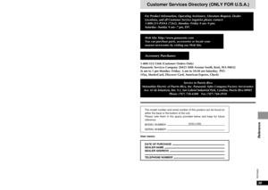 Page 3939
RQT6450
Reference
38
RQT6450
Reference
Limited Warranty (ONLY FOR U.S.A.)Customer Services Directory (ONLY FOR U.S.A.)
For Product Information, Operating Assistance, Literature Request, Dealer
Locations, and all Customer Service inquiries please contact:
1-800-211-PANA (7262), Monday – Friday 9 am – 9 pm; 
Saturday – Sunday 9 am – 7 pm, EST.
Web Site: http://www.panasonic.com
You can purchase parts, accessories or locate your
nearest servicenter by visiting our Web Site.
1-800-332-5368 (Customer...