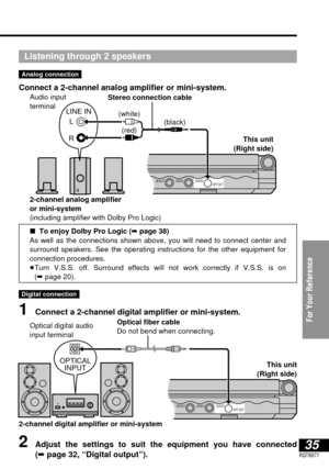 Page 35AUDIO VIDEO IN/OUTOPT OUT
OPTICAL
INPUT
35RQT6077
For Your Reference
2Adjust the settings to suit the equipment you have connected
(➡page 32, “Digital output”).
Listening through 2 speakers
Analog connection
Connect a 2-channel analog amplifier or mini-system.
This unit
(Right side) 
2-channel digital amplifier or mini-system∫To enjoy Dolby Pro Logic (➡page 38)
As well as the connections shown above, you will need to connect center and
surround speakers. See the operating instructions for the other...