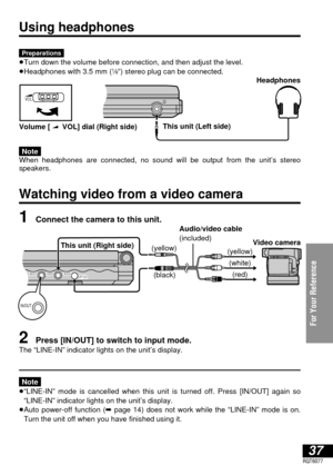 Page 3737RQT6077
For Your Reference
Using headphones
Preparations≥Turn down the volume before connection, and then adjust the level.
≥Headphones with 3.5 mm (1⁄8q) stereo plug can be connected.
Note
When headphones are connected, no sound will be output from the unit’s stereo 
speakers.
Watching video from a video camera
1Connect the camera to this unit.
2Press [IN/OUT] to switch to input mode.The “LINE-IN” indicator lights on the unit’s display.
Note
≥“LINE-IN” mode is cancelled when this unit is turned off....