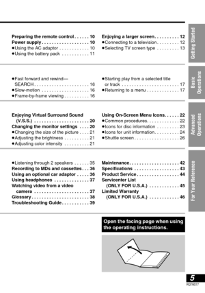 Page 55RQT6077
Getting Started
Basic
Operations
Advanced 
Operations
For Your Reference
Preparing the remote control . . . . . . 10
Power supply . . . . . . . . . . . . . . . . . . . 10
≥Using the AC adaptor . . . . . . . . . . . . 10
≥Using the battery pack . . . . . . . . . . . 11
Open the facing page when using
the operating instructions.
Enjoying a larger screen . . . . . . . . . . 12
≥Connecting to a television . . . . . . . . . 12
≥Selecting TV screen type . . . . . . . . . 13
≥Fast forward and rewind —...