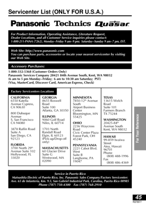 Page 4545RQT6077
For Your Reference
Servicenter List (ONLY FOR U.S.A.)
For Product Information, Operating Assistance, Literature Request, 
Dealer Locations, and all Customer Service inquiries please contact:
1-800-211-PANA (7262), Monday – Friday 9 am – 9 pm; Saturday – Sunday 9 am – 7 pm, EST.
Web Site: http://www.panasonic.com
You can purchase parts, accessories or locate your nearest servicenter by visiting
our Web Site.
Accessory Purchases:
1-800-332-5368 (Customer Orders Only)
Panasonic Services Company...