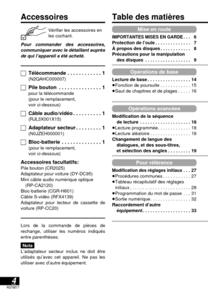 Page 514RQT6077
Accessoires
Vérifier les accessoires en
les cochant.
Pour commander des accessoires,
communiquer avec le détaillant auprès
de qui l’appareil a été acheté.
∏Télécommande . . . . . . . . . . . . 1
∏(N2QAHC000007)
∏Pile bouton . . . . . . . . . . . . . . . 1
∏pour la télécommande ∏(pour le remplacement, ∏voir ci-dessous)
∏Câble audio/vidéo . . . . . . . . . . 1
∏(RJL3X001X15)
∏Adaptateur secteur . . . . . . . . . 1
∏(N0JZEH000001)
∏Bloc-batterie . . . . . . . . . . . . . . 1
∏(pour le remplacement,...