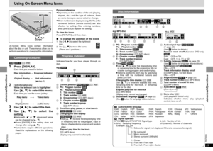 Page 1427
RQT6536
Advanced Operations
26
RQT6536
Advanced Operations
Disc information
e.g. [DVD-V]
aPG: Program number [RAM]
PL: Playlist number [RAM]
T: Title number [DVD-V]
T: Track number [CD][VCD]
G: Group number [CD](MP3 discs)
bC: Chapter number [DVD-V]
T: Track number in group 
T:[CD](MP3 discs)
cTime [RAM] [DVD-V]
≥Use [3,4] to show the elapsed play time
or remaining time for the program or title (or
chapter during program and random play).
≥Select a position to start play by specifying
a time with the...