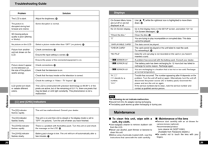 Page 2039
RQT6536
Reference
38
RQT6536
Reference
On-Screen Menu Icons
are cut off or are not
displayed at all.
No On-Screen display.
“Check the disc.”
“X”
“UNPLAYABLE CARD”
“CHECK CARD”
“NO FILE”
“ ERROR 01”
“ ERROR 02”
“ ERROR 03”
“H ∑∑”
∑∑stands for a
number.
“U11”
Use [3, 4] while the rightmost icon is highlighted to move them
down. J
Go to the Display menu in the SETUP screen, and select “On” for“On-Screen Messages”. O
Clean the disc. 9
You are trying to play incompatible or corrupted data. This data
cannot...