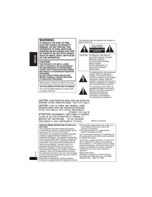 Page 22RQT8231
2
The following mark and symbols are located on 
bottom of the unit.
The lightning flash with arrowhead 
symbol, within an equilateral 
triangle, is intended to alert the 
user to the presence of uninsulated 
“dangerous voltage” within the 
product’s enclosure that may be of 
sufficient magnitude to constitute a 
risk of electric shock to persons.
The exclamation point within an 
equilateral triangle is intended to 
alert the user to the presence of 
important operating and 
maintenance...