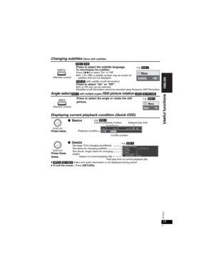 Page 1919
RQT8231
19
Changing subtitlesDiscs with subtitles
[DVD-V] [VCD]
Press to select the subtitle language.To clear/display the subtitles
Press [] to select “On” or “Off”.pOn KR/KRW, a subtitle number may be shown for 
subtitles that are not displayed. 
[DVD-VR](with subtitle on/off information)
Press to select “On” or “Off”.pOn or Off only can be selected.pSubtitle on/off information cannot be recorded using Panasonic DVD Recorders.
Angle select [DVD-V] with multiple angles/Still picture rotation [JPEG]...