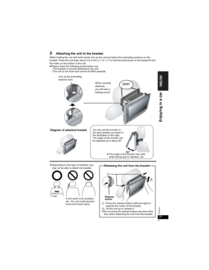 Page 3131
RQT8231
31
3Attaching the unit to the bracket.
While holding the unit with both hands, line up the unit just below the protruding sections on the 
bracket. Press the unit down about 4 to 5 mm (5/32Sto3/16S) so that the protrusions on the bracket fit into 
the holes on the bottom of the unit.
pPlease check the following points before use.
–The bracket is securely fastened to the unit.
–The unit is not loose and cannot be lifted upwards.
30
q
click!When correctly 
attached, 
you will hear a 
locking...