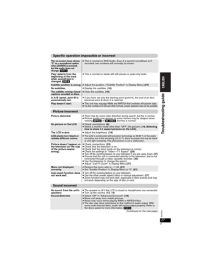 Page 3737
RQT8231
37
The on-screen menu shows 
“2” as a soundtrack option 
when [AUDIO] is pressed, 
but the audio does not 
change. 
[DVD-A]
pThis is normal on DVD-Audio. Even if a second soundtrack isn’t 
recorded, two numbers will normally be shown.
Play restarts from the 
beginning of the track 
when soundtrack is 
changed. [DVD-A]pThis is normal on tracks with still pictures or audio-only tracks.
Subtitle position is wrong.pAdjust the position. (“Subtitle Position” in Display Menu) (27)No...