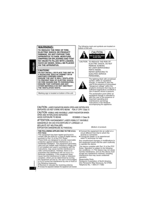 Page 22RQT8075
PThe following mark and symbols are located on 
bottom of the unit.
The lightning flash with arrowhead 
symbol, within an equilateral 
triangle, is intended to alert the 
user to the presence of uninsulated 
“dangerous voltage” within the 
product’s enclosure that may be of 
sufficient magnitude to constitute a 
risk of electric shock to persons.
The exclamation point within an 
equilateral triangle is intended to 
alert the user to the presence of 
important operating and 
maintenance...