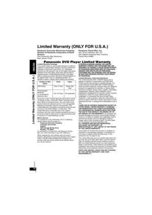 Page 3636RQT8075
Limited Warranty (ONLY FOR U.S.A.)
Panasonic Consumer Electronics Company,
Division of Panasonic Corporation of North 
America
One Panasonic Way Secaucus, 
New Jersey 07094Panasonic Puerto Rico, Inc.
Ave. 65 de Infantería, Km. 9.5
San Gabriel Industrial Park, Carolina, 
Puerto Rico 00985
Panasonic DVD Player Limited WarrantyLimited Warranty CoverageIf your product does not work properly because of a defect in 
materials or workmanship, Panasonic Consumer Electronics 
Company or 
Panasonic...