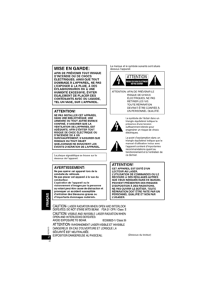 Page 402RQT8075
La marque et le symbole suivants sont situés 
dessous l’appareil.
Le symbole de l’éclair dans un 
triangle équilatéral indique la 
présence d’une tension 
suffisamment élevée pour 
engendrer un risque de chocs 
électriques.
Le point d’exclamation dans un 
triangle équilatéral indique que le 
manuel d’utilisation inclus avec 
l’appareil contient d’impor tantes 
recommandations quant au 
fonctionnement et à l’entretien de 
ce dernier.
 MISE EN GARDE:
AFIN DE PRÉVENIR TOUT RISQUE 
D’INCENDIE OU DE...