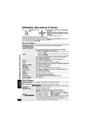 Page 6224RQT8075
Utilisation des menus à l’écran
Menus principaux
§ Sauf iR/iRW
Autres réglag es
Menu Lecture (Seulement pendant l’affichage du temps de lecture écoulé.
[JPEG] [SD]PICTURE] : Les fonctions de répétition et de repère peuvent être utilisées.)
Programme, Groupe, 
Titre, Chapitre, Piste, 
Liste lect., ContenuPour amorcer la lecture à partir d’un élément donné
Durée
Pour sauter des passages par incréments chronométriques§ 
(Saut dans le temps à la lecture seulement)
1. Appuyer sur [ENTER] à deux...