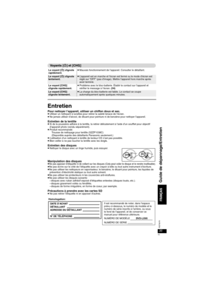 Page 7335
RQT8075
Entretien
Pour nettoyer l’appareil, utiliser un chiffon doux et sec.≥Utiliser un nettoyant à lunettes pour retirer la saleté tenace de l’écran.≥Ne jamais utiliser d’alcool, de diluant pour peinture ni de benzène pour nettoyer l’appareil.
Entretien de la lentille≥Si de la poussière adhère à la lentille, la retirer délicatement à l’aide d’un soufflet pour objectif 
d’appareil photo (vendu séparément).
≥Produit recommandé:
Trousse de nettoyage pour lentille (SZZP1038C) 
(Disponible auprès des...