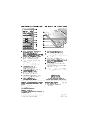 Page 76Panasonic Consumer Electronics Company, 
Division of Panasonic Corporation of North 
America
One Panasonic Way Secaucus, 
New Jersey 07094
http://www.panasonic.com
Panasonic Puerto Rico, Inc.
Ave. 65 de Infantería, Km. 9.5
San Gabriel Industrial Park, Carolina, 
Puerto Rico 00985
Panasonic Canada Inc.
5770 Ambler Drive, Mississauga, Ontario L4W 2T3
www.panasonic.ca
C  2005 Matsushita Electric Industrial Co., Ltd.
Printed in Japan/Imprimé au Japon RQT8075-1Y
F0305YH2065
p q
Main feature index/Index des...