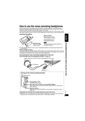 Page 99
RQT8075
How to use the noise canceling headphones
Environmental noises in airplanes, trains, and busses, and noise caused by air-conditioners are 
reduced, providing a quieter listening environment. This function allows you to enjoy music without 
raising the volume too high, and is, therefore, kinder to your ears.
This unit mainly reduces the annoying low frequency sounds below 1500 Hz. For this reason, sounds 
with higher frequency portions, from car horns, telephones and human voices, remain...