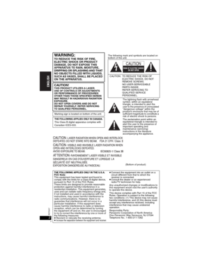 Page 22RQT8237
2
The following mark and symbols are located on 
bottom of the unit.
The lightning flash with arrowhead 
symbol, within an equilateral 
triangle, is intended to alert the 
user to the presence of uninsulated 
“dangerous voltage” within the 
product’s enclosure that may be of 
sufficient magnitude to constitute a 
risk of electric shock to persons.
The exclamation point within an 
equilateral triangle is intended to 
alert the user to the presence of 
important operating and 
maintenance...