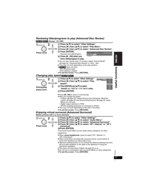 Page 1717
RQT8237
17
Reviewing titles/programs to play (Advanced Disc Review)[DVD-VR] [DVD-V](Except KR/KRW)
Changing play speed [DVD-VR] [DVD-V]
Enjoying virtual surround (Advanced Surround) Motion pictures with 2 or more channels
Press [] to select “Other Settings”.Press [] then [] to select “Play Menu”.	Press [] then [] to select “Advanced Disc Review”.

Press [ENTER].Reviews each title/program.Press [, ON] when you 
find a title/program to play.
pYou can also review each 10 minutes. Select...