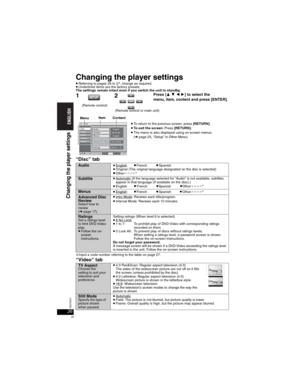 Page 2626RQT8237
26
Changing the player settings
pReferring to pages 26 to 27, change as required.pUnderlined items are the factory presets.
The settings remain intact even if you switch the unit to standby.
“Disc” tab
aInput a code number referring to the table on page 27. 
“Video” tab
Audio pEnglishpFren chpSpanishpOriginal (The original language designated on the disc is selected)pOther____a
Subtitle pAutomatic [If the language selected for “Audio” is not available, subtitles 
appear in that language (If...